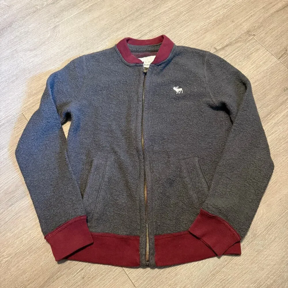 Abercrombie Kids Fleece Zip Jacket Maroon Trim Size 9/10 Soft Warm Coat